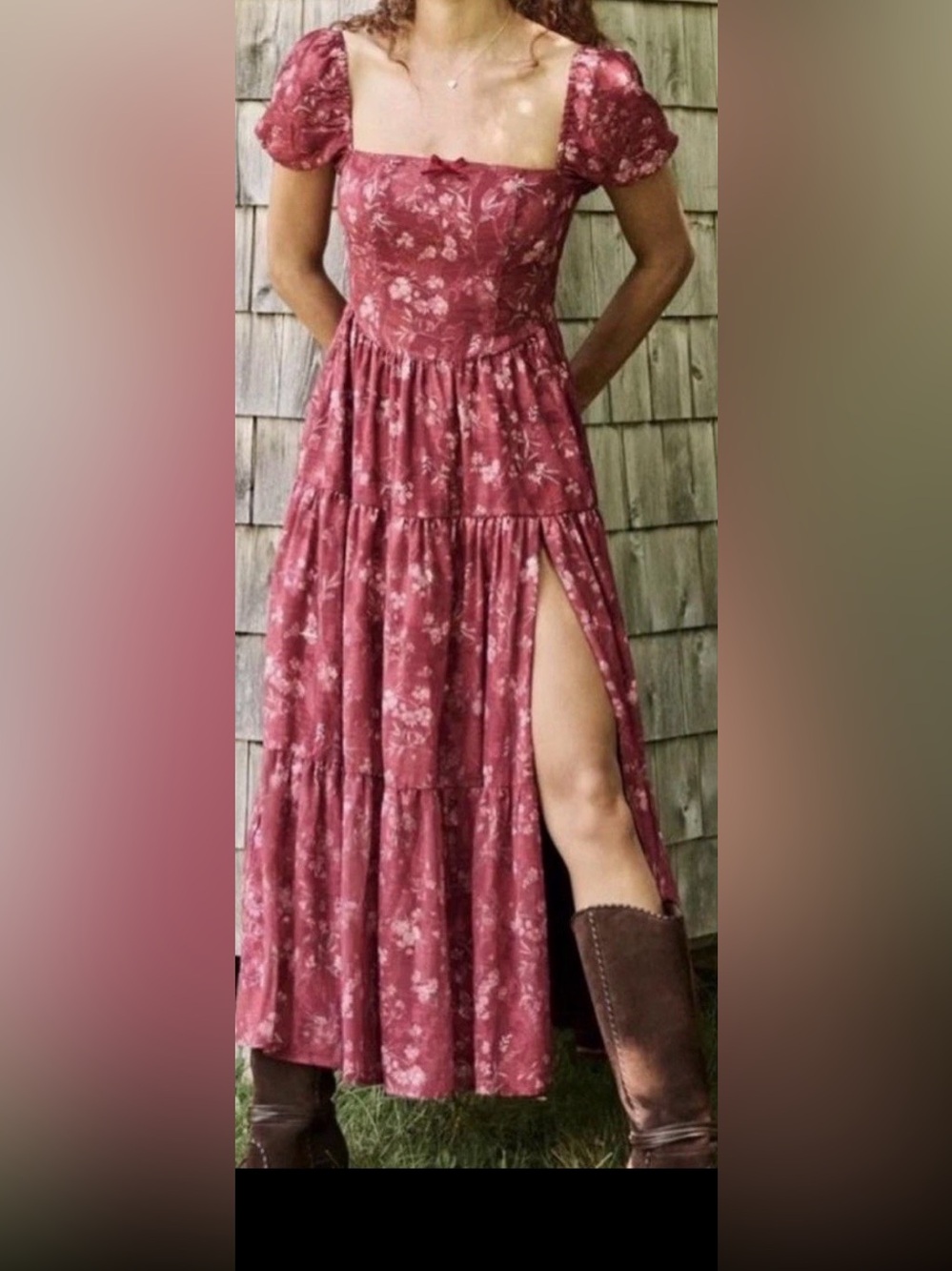 Altar'd State Rose Floral Tiered Maxi Skirt with Side Slit Small